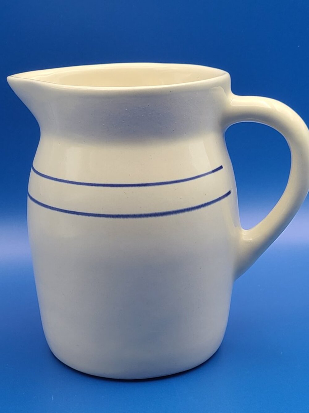 Vintage Stoneware Blue Stripe Rustic Pitcher Farmhouse Pottery 6"